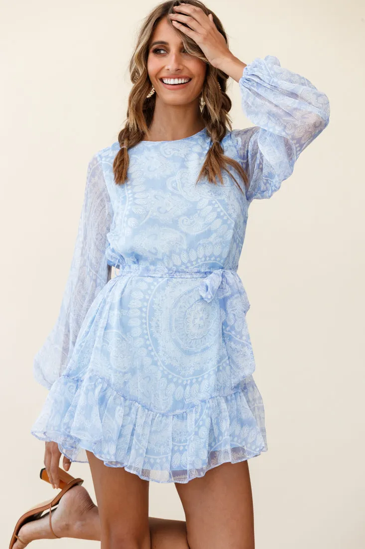 Always & Forever Long Balloon Sleeve Crew Neck Dress Paisley Print Blue