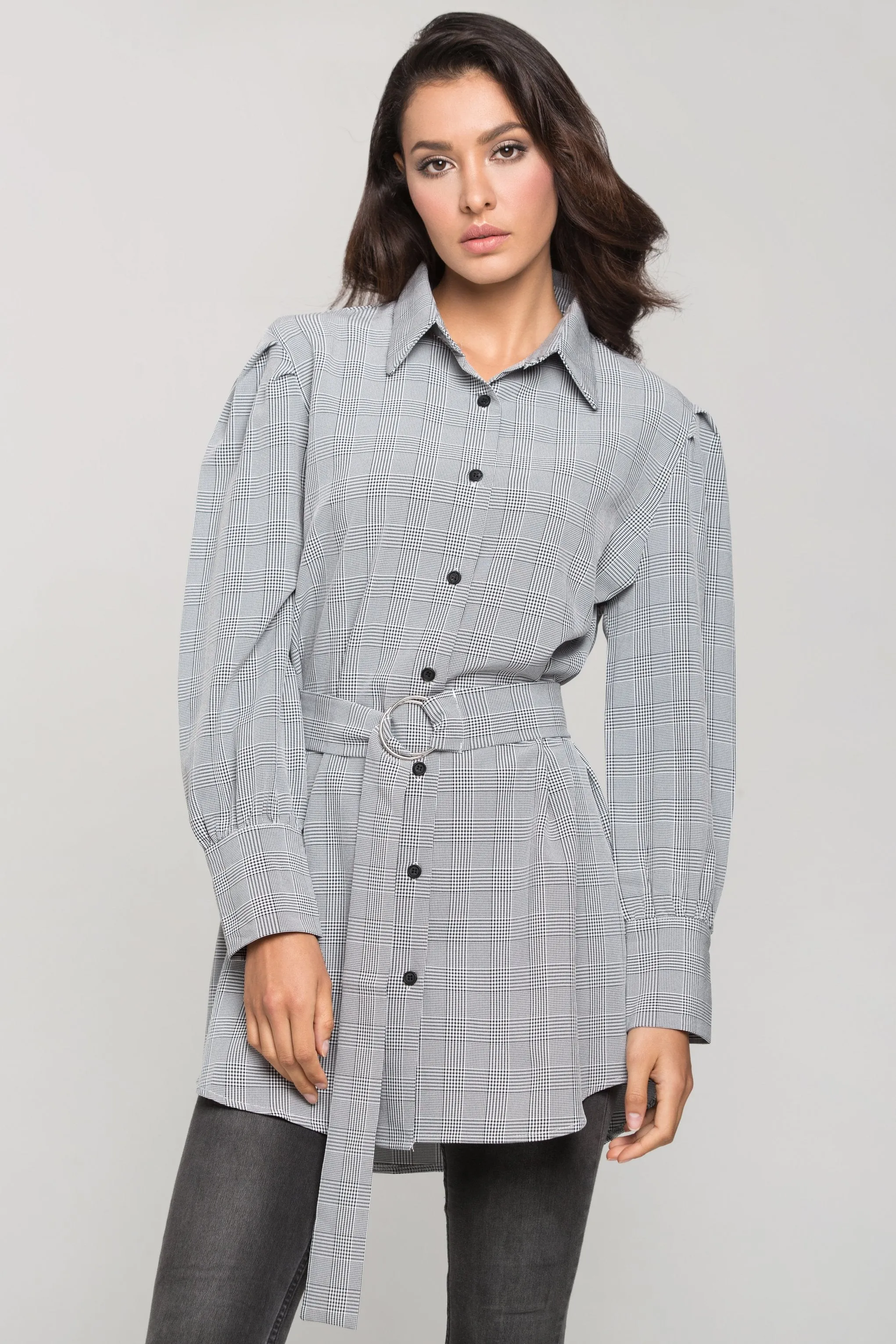 Black and White Glenn Plaid Belted Shirt Dress