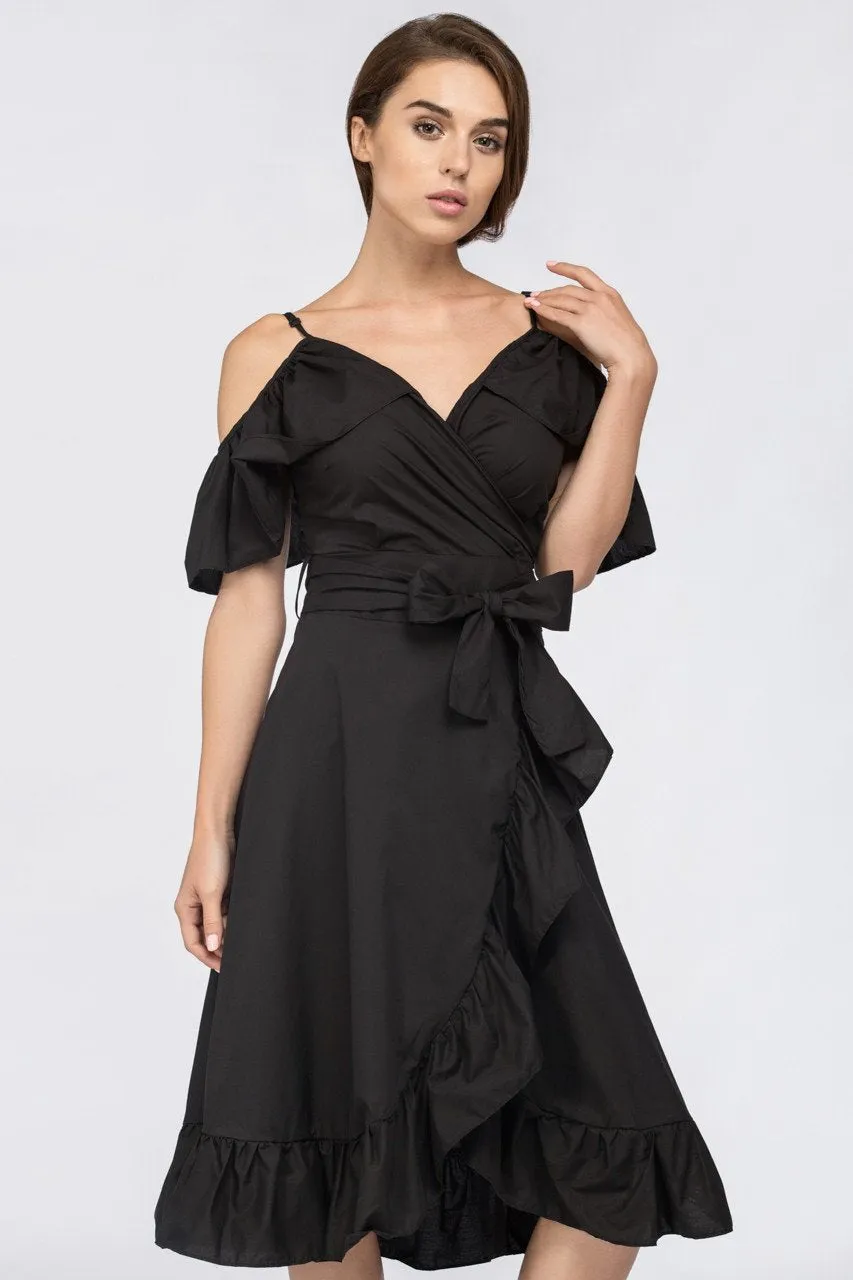 Black Ruffle off the Shoulder Midi Dress