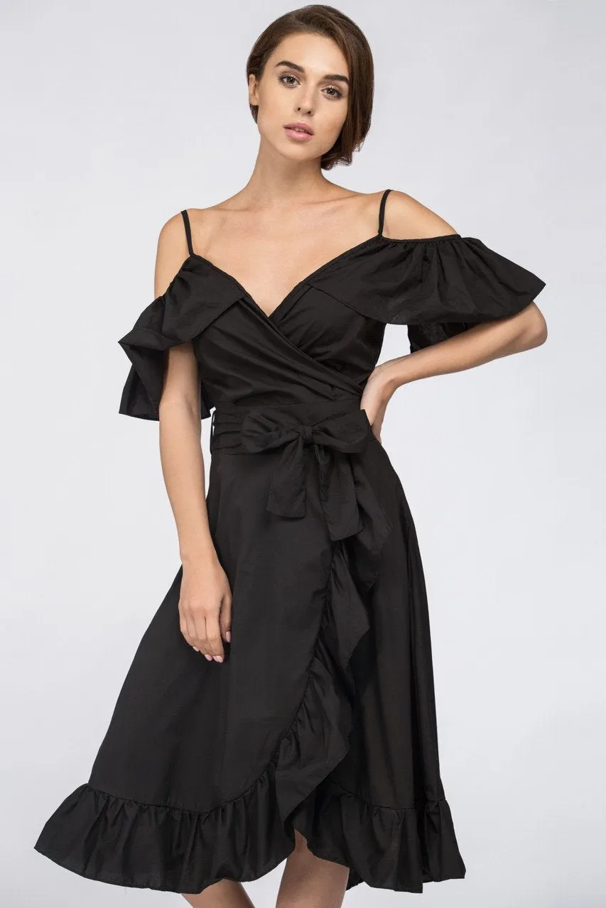 Black Ruffle off the Shoulder Midi Dress