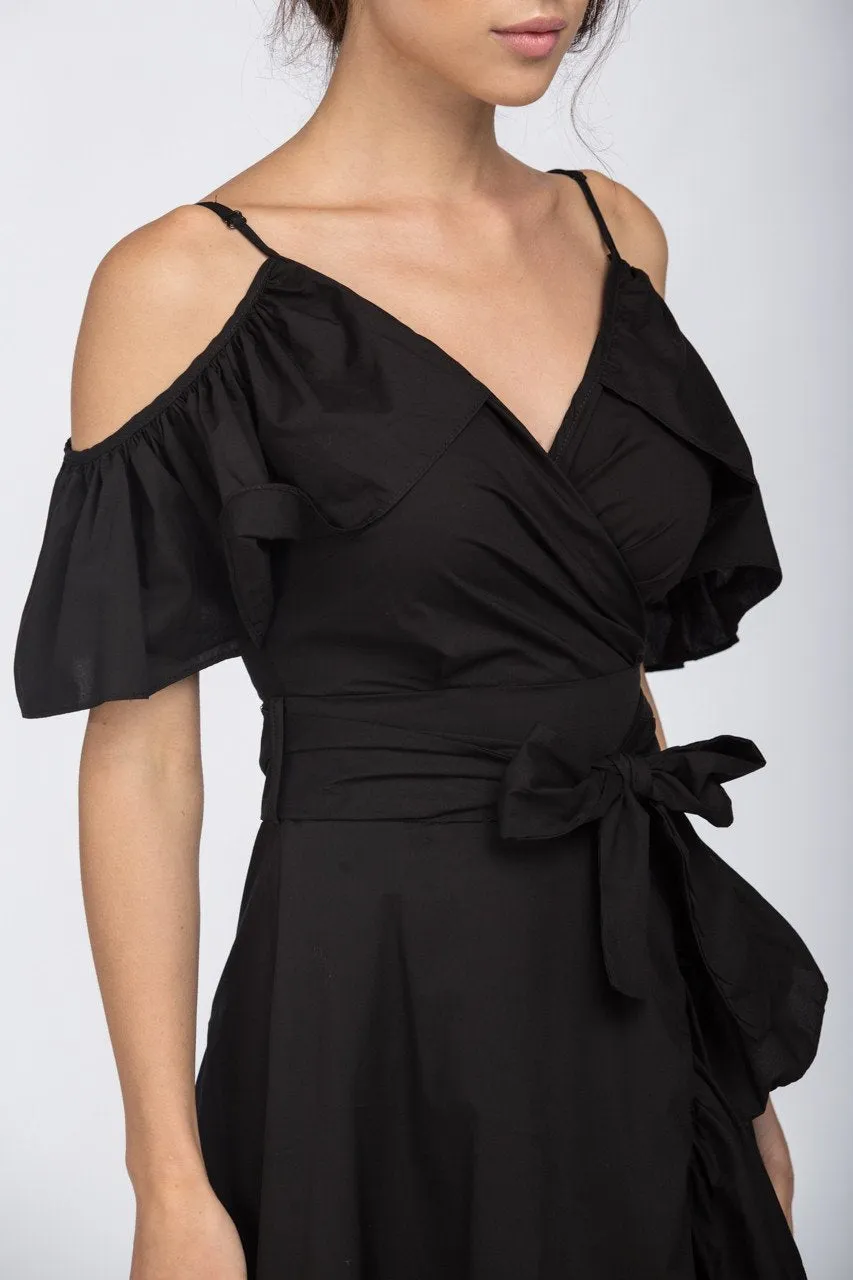 Black Ruffle off the Shoulder Midi Dress