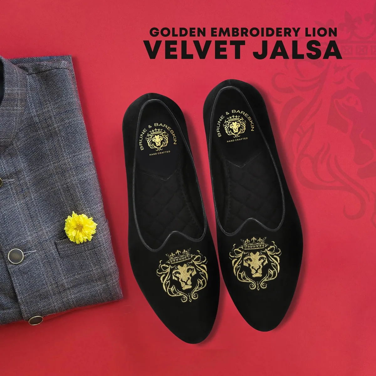 Black Velvet Jalsa Jutti For Men With Golden Lion-King Embroidery