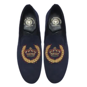 Blue Velvet  Slip-On Shoes with Crown Crest Zardosi With Stem Design By Brune & Bareskin