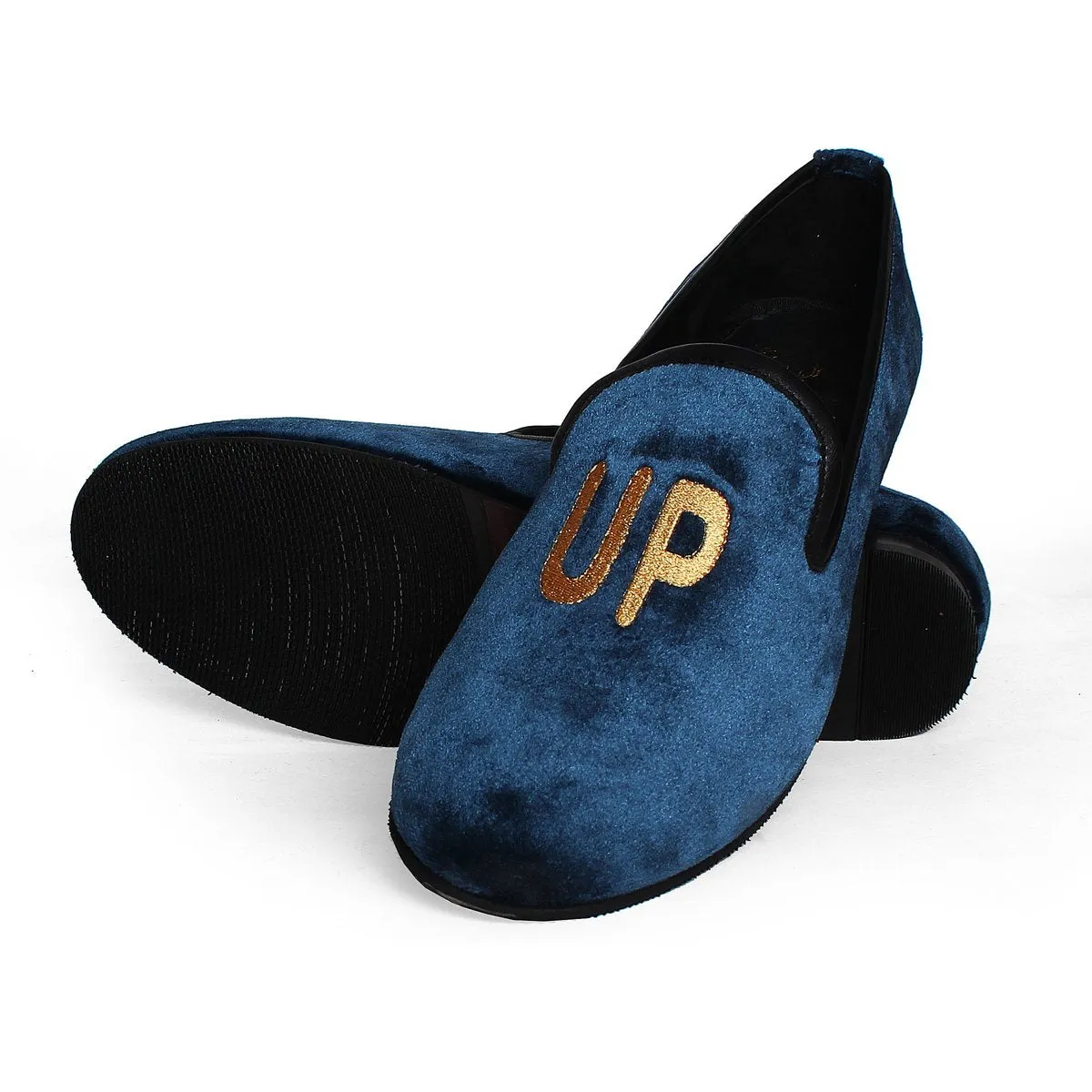 Blue Velvet/Hook-Up Golden Embroidery Slip-On Shoes By Brune & Bareskin