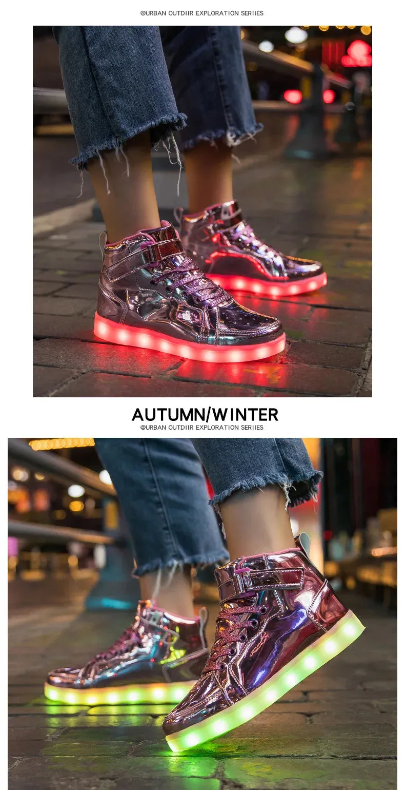 Brand Kids High-tops Lights Up Shoes USB Charger Basket LED Children Trendy Kids Luminous Sneakers Sports Tennis