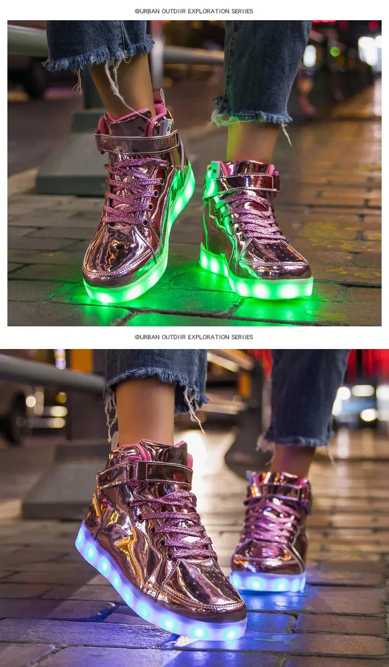 Brand Kids High-tops Lights Up Shoes USB Charger Basket LED Children Trendy Kids Luminous Sneakers Sports Tennis