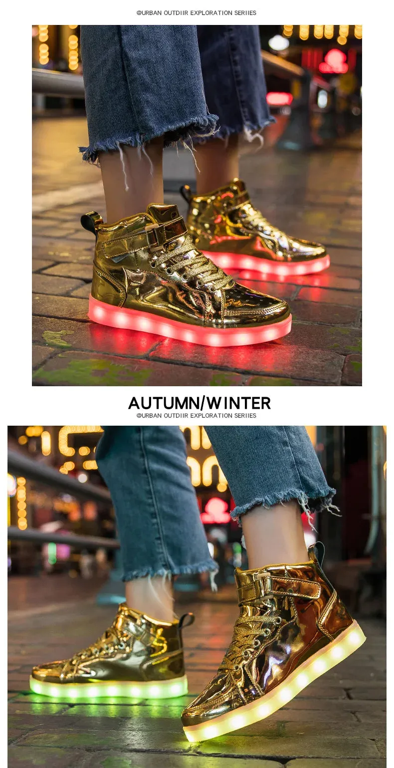 Brand Kids High-tops Lights Up Shoes USB Charger Basket LED Children Trendy Kids Luminous Sneakers Sports Tennis