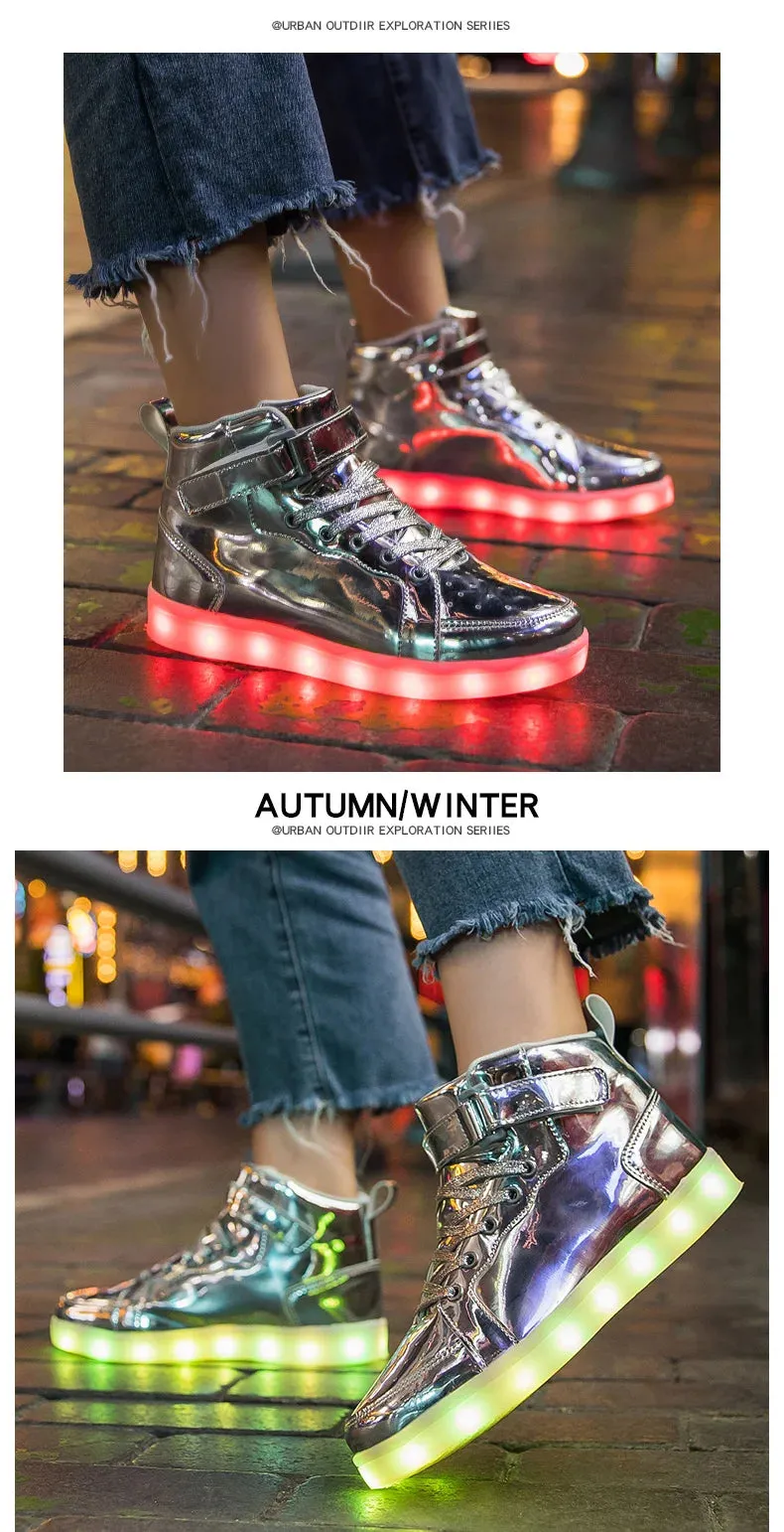 Brand Kids High-tops Lights Up Shoes USB Charger Basket LED Children Trendy Kids Luminous Sneakers Sports Tennis