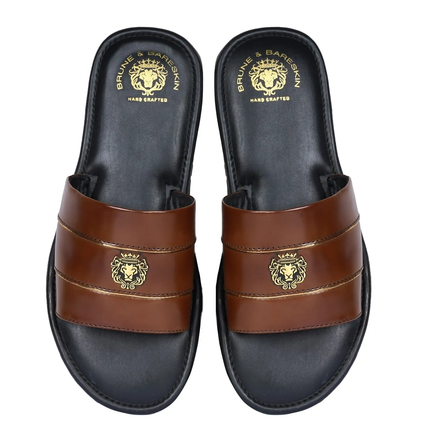 Brown Brush Off Leather Slide-In Slippers with Signature Metal Lion