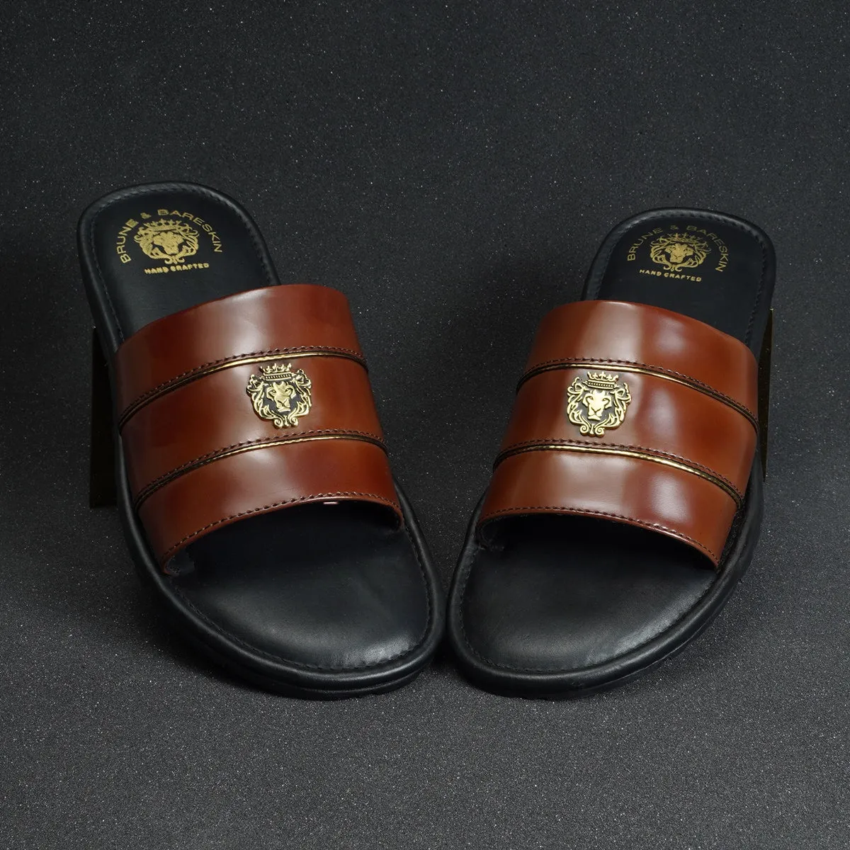 Brown Brush Off Leather Slide-In Slippers with Signature Metal Lion