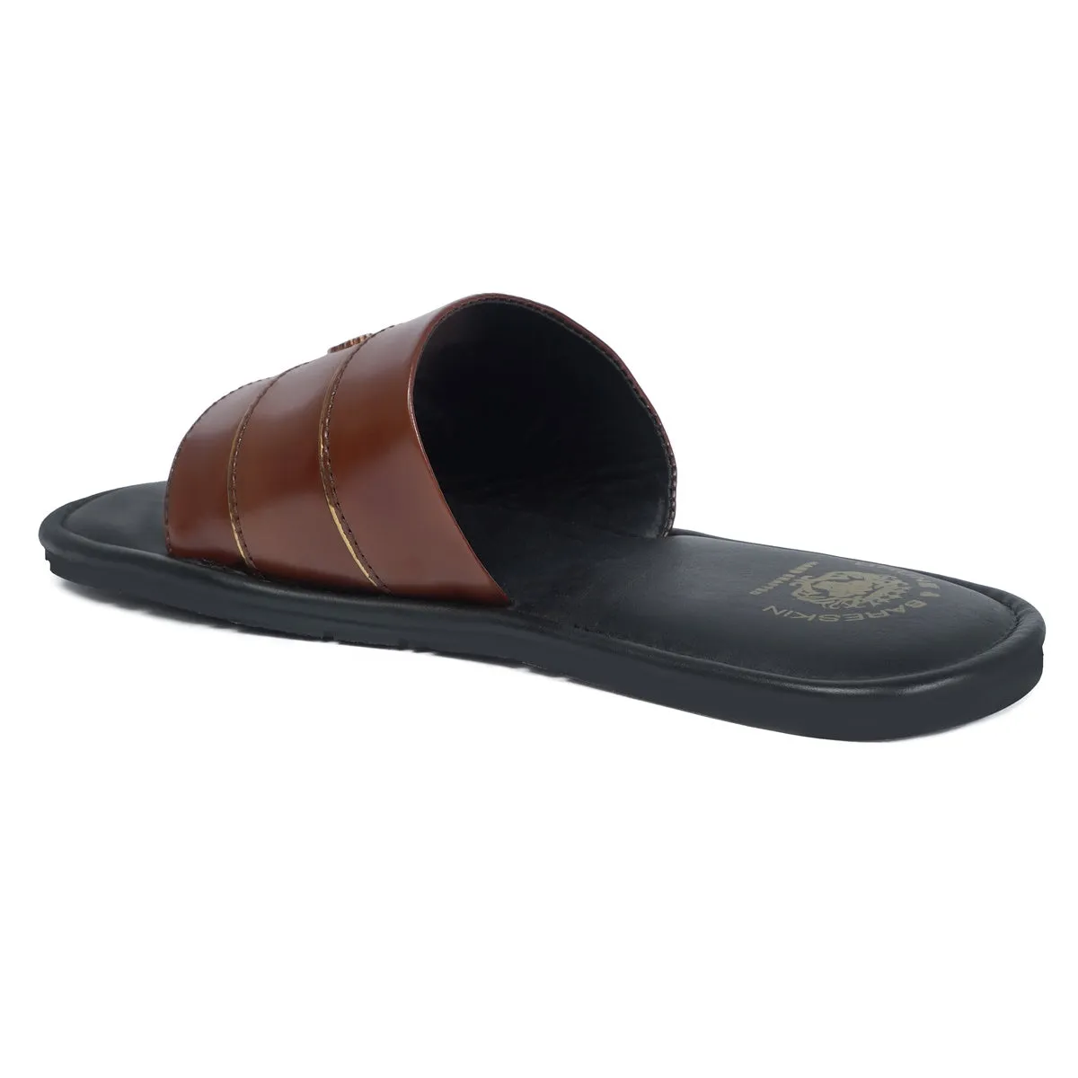 Brown Brush Off Leather Slide-In Slippers with Signature Metal Lion