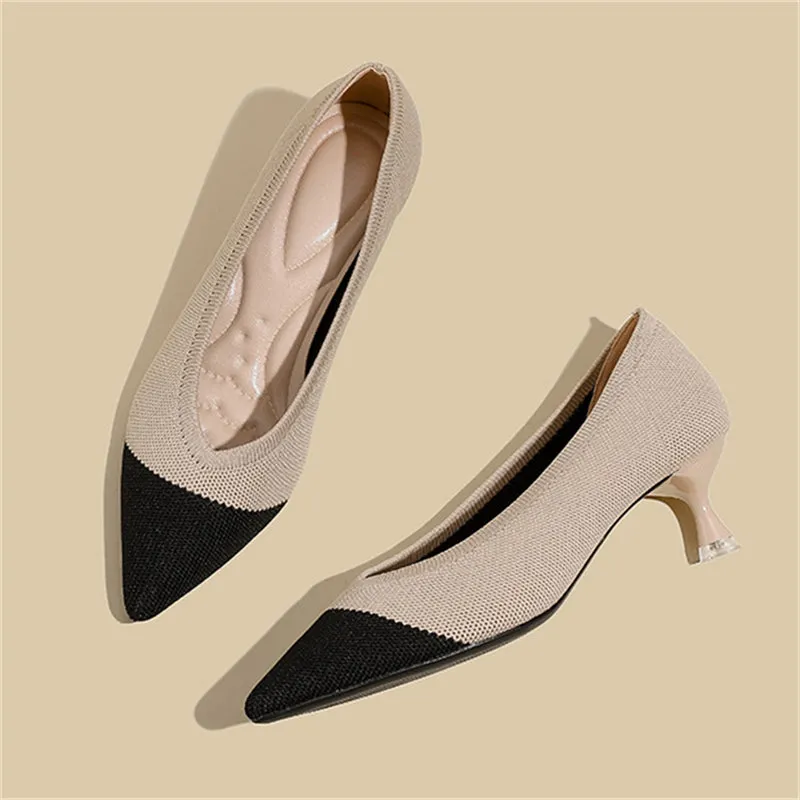 Elegant Pointed Toe Contrast Color Kitten Heels