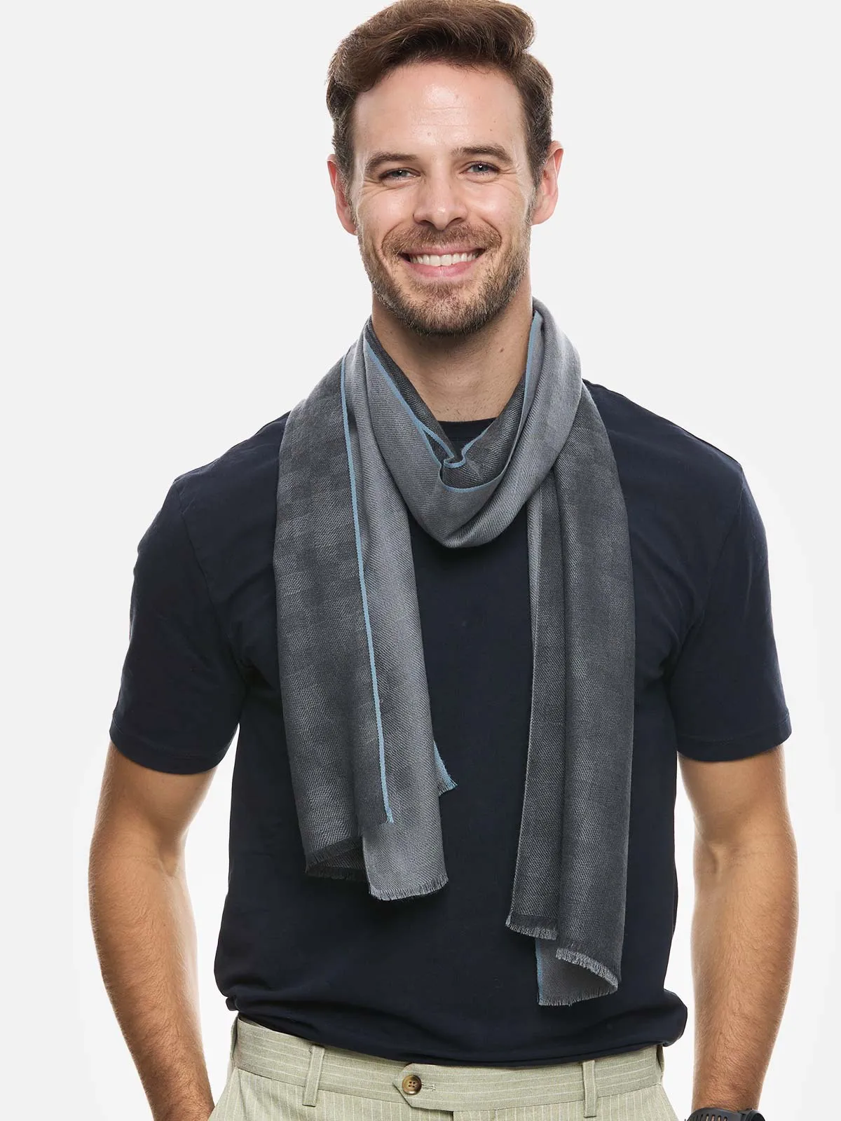 Gray Checkered Mens Cashmere Scarf