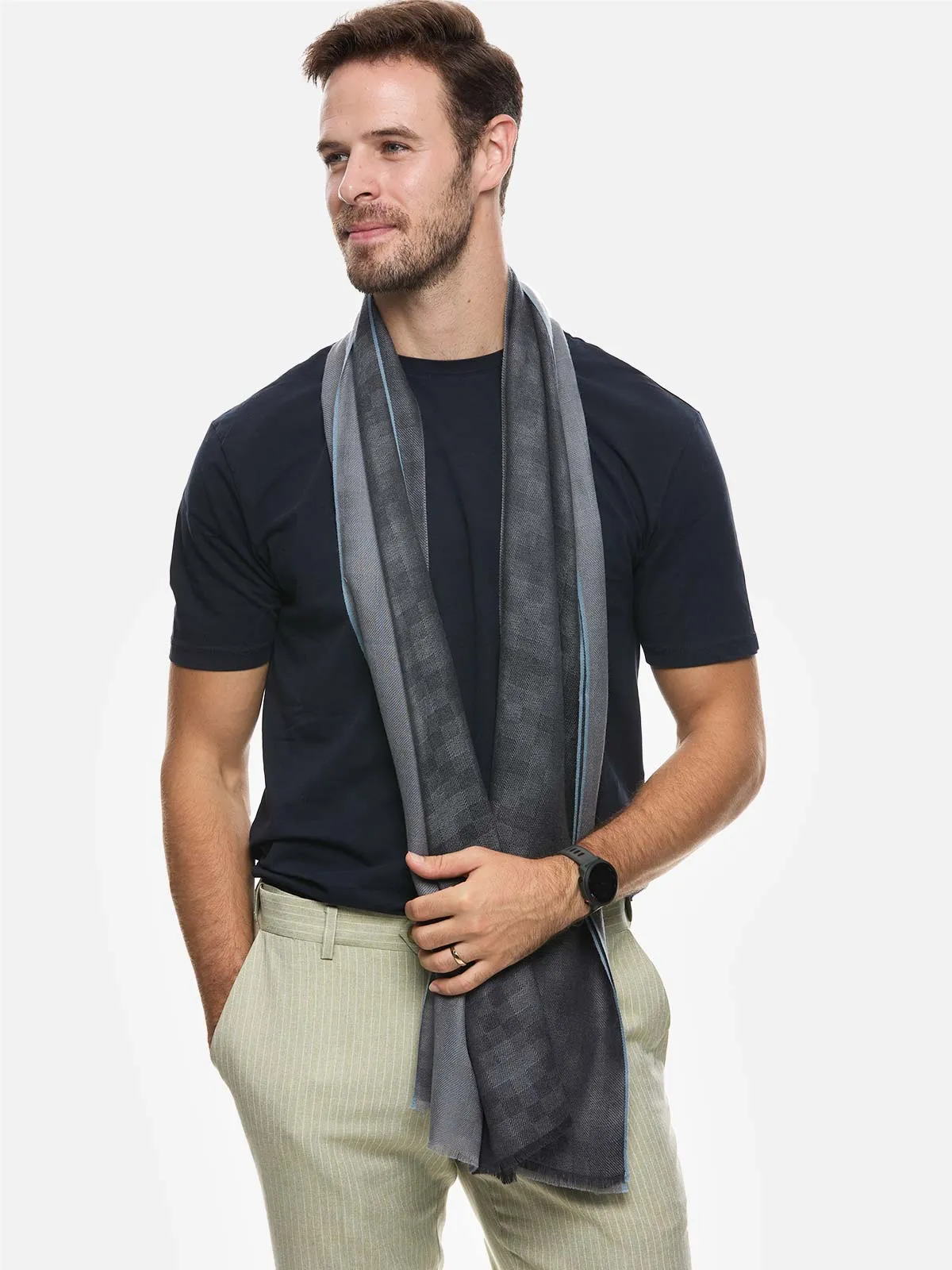 Gray Checkered Mens Cashmere Scarf