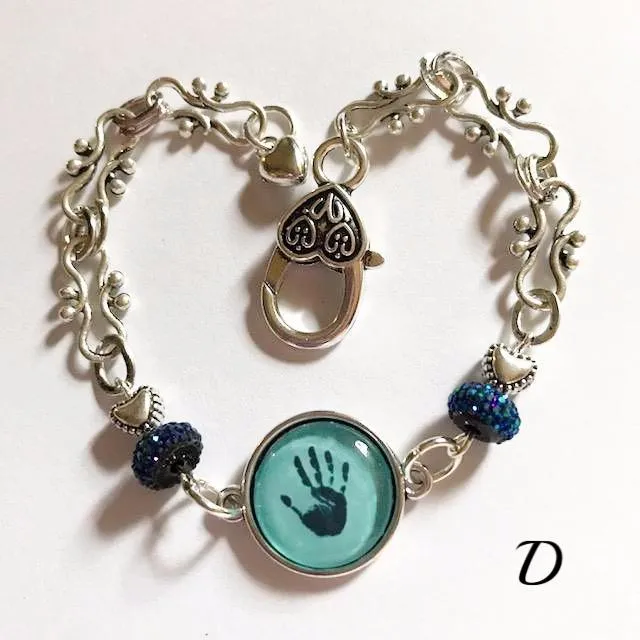 Hand print/glass centered Bracelet /Hand therapy jewelry