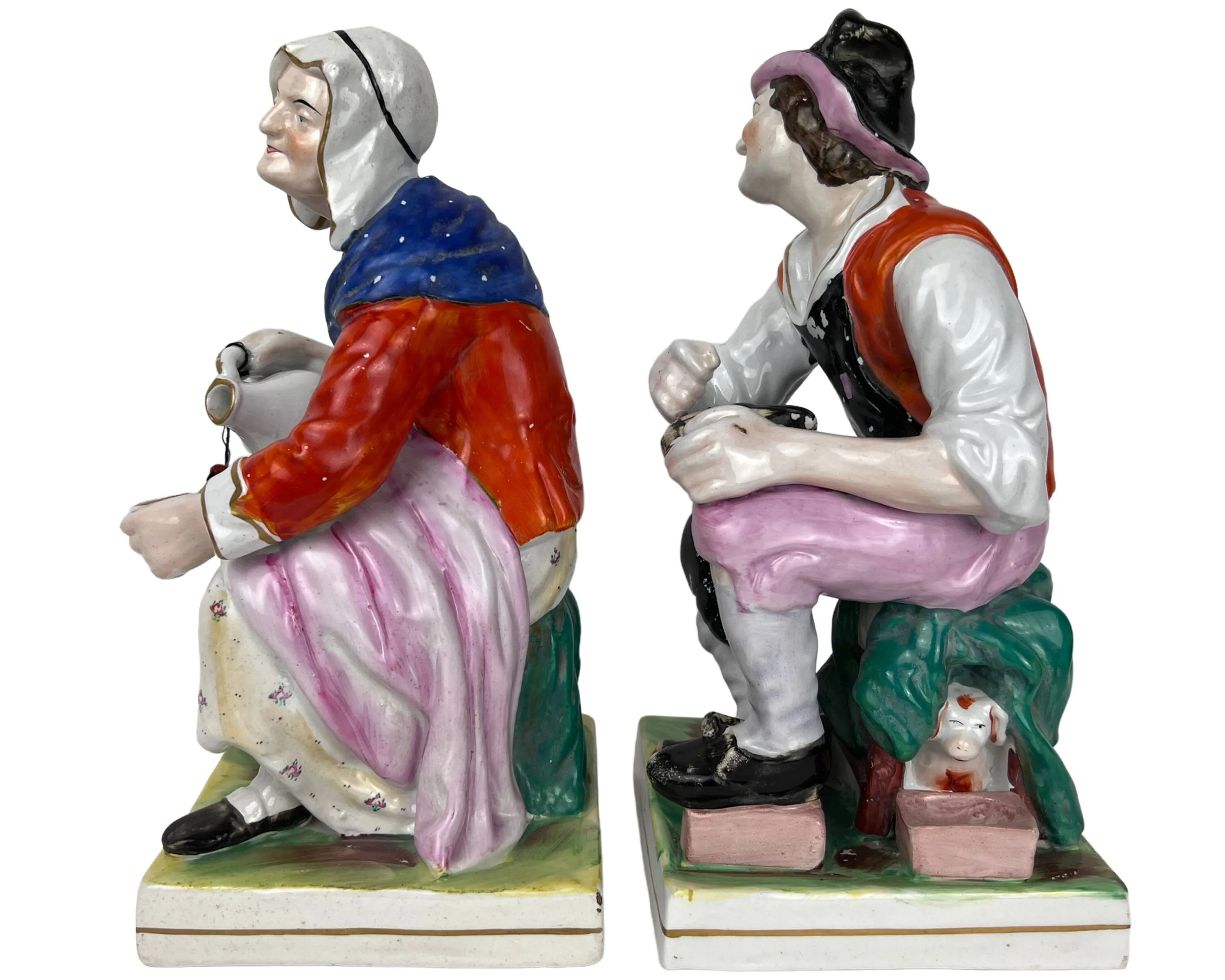 Large Antique Staffordshire Pottery Figures Cobbler Jobson & Wife Nell 19th c 12