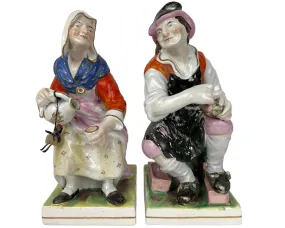 Large Antique Staffordshire Pottery Figures Cobbler Jobson & Wife Nell 19th c 12