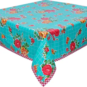 Rose and Grid Aqua Tablecloth with Red Gingham Trim