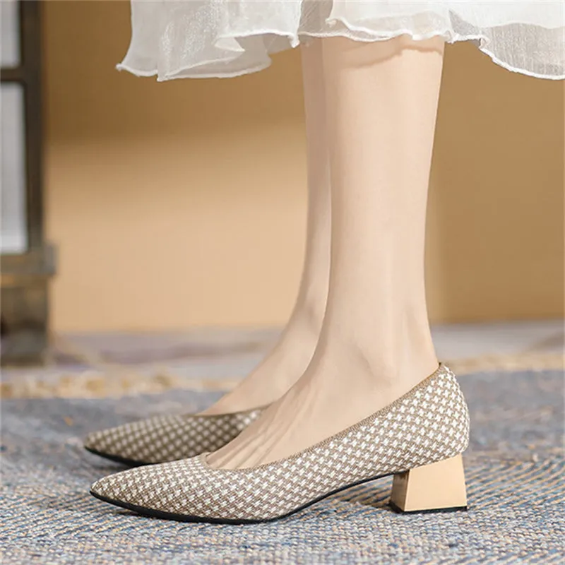 Vintage Pointed Toe Knitted Chunky Heels