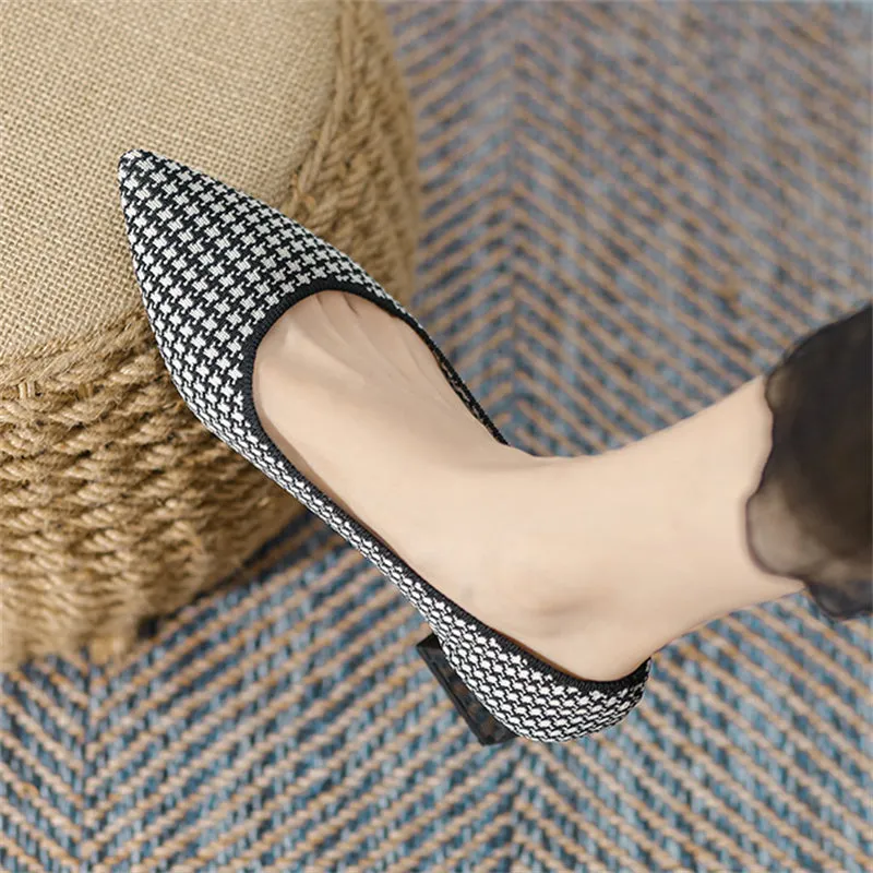 Vintage Pointed Toe Knitted Chunky Heels